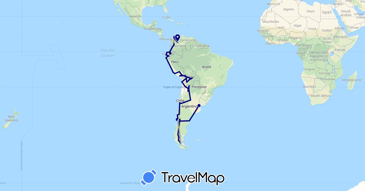 TravelMap itinerary: driving, plane in Argentina, Bolivia, Chile, Colombia, Ecuador, Peru (South America)